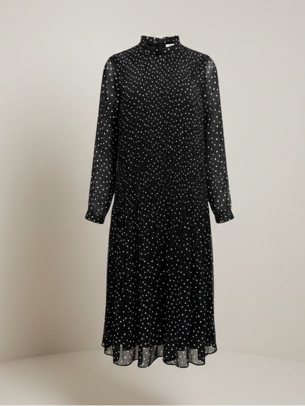 H&M Pleated Chiffon Polka Dot Midi Dress Mock Neck Size 8